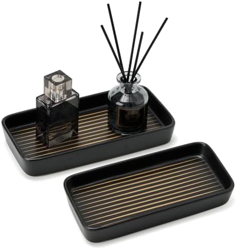 Bathroom Vanity Tray for Countertop,2PC Rectangle Striped Tray,Decorative Bathroom Organizer for Scrubber, Lotion Bottles, Perfume, Jewelry, Candle, Key Trinket Ring(Small,Black) by StylishHomeDecorforYou