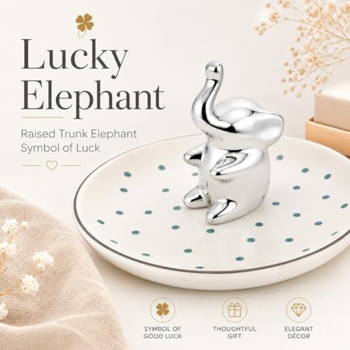 Ring Holder Jewelry Dish Elephant Ceramic Trinket Tray for Rings Earrings Necklace Bracelet Keys, Silver Elephant Jewelry Organizer Dish for Vanity Nightstand Bathroom Countertop - Image 4