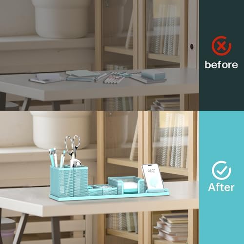 Pen Holder for Desk, 6-Piece Mesh Desk Organizer with Phone Holder, Blue - Image 5