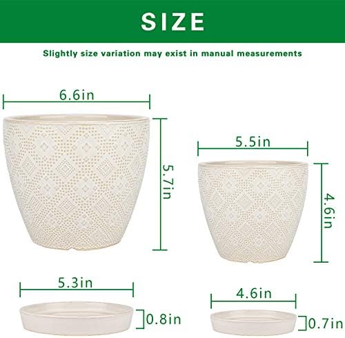 Docrin Ceramic Plant Pots Indoor, 6.6 + 5.5 Inch Planters with Drainage Holes and Saucer for Home/Office - Set of 2 /White - Image 2