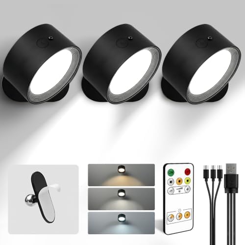 Rechargeable Wall Sconces with Remote, Magnetic Wall Lights, Black by AMETHEUS