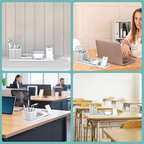 Pen Holder for Desk, 6-Piece Mesh Desk Organizer with Phone Holder, White - Image 7