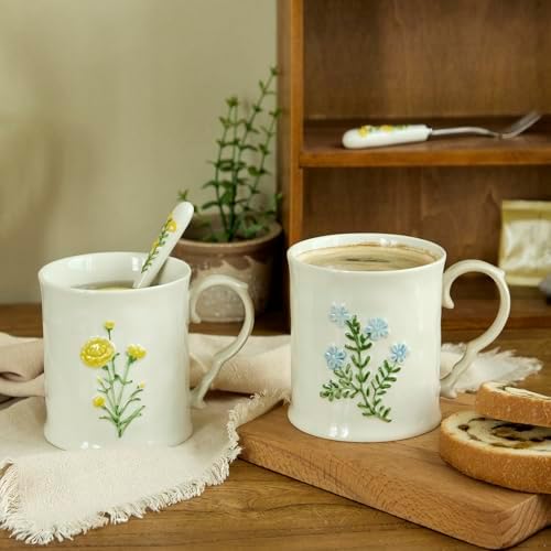 2 Pack Floral Ceramic Coffee Mugs - Yellow and Blue Flowers, Hand-Painted, Microwave & Dishwasher Safe, Ideal for Cappuccino, Tea, Hot Chocolate - Image 2