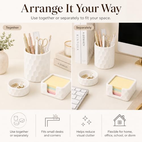 Aesthetic Geometric Silicone Desk Organizer Set of 3,Modern Office Desk Accessories with Round Pen Holder,Paperclip Tray,Sticky Note Holder,Stylish Functional Desk Decor for Home Office(Beige) - Image 3