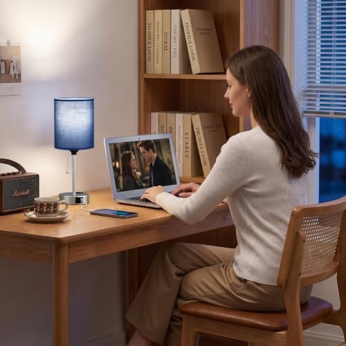 Blue Bedside Table Lamp for Bedroom, Desk Lamp with USB Ports for Dorm - Image 3