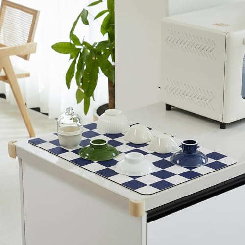 Ohocut Checkered Dish Drying Mat for Kitchen Counter, Coffee Bar Station Accessories, Retro Cute Aesthetic Modern Absorbent Drainer Mat Kitchen Drying Mat Easy Clean (Navy Blue, 24" x 16") - Image 3