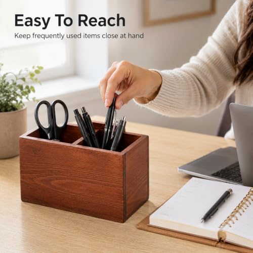 Wooden Pen Holder for Desk, Double‑Slot Walnut Finish Pencil Organizer - Image 7
