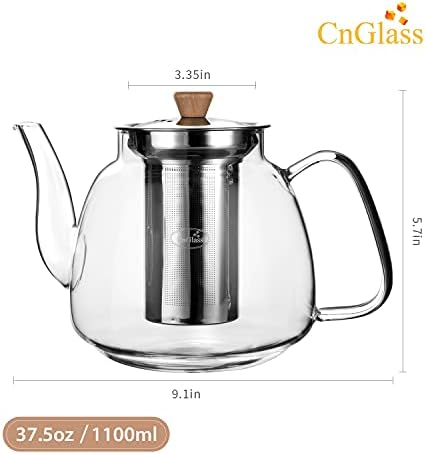 CNGLASS Glass Teapot with Infuser(37.5oz),Clear Tea Kettle with Removable Stainless Steel Strainer,Stovetop Safe Glass Teapot for Blooming and Loose Leaf Tea - Image 2