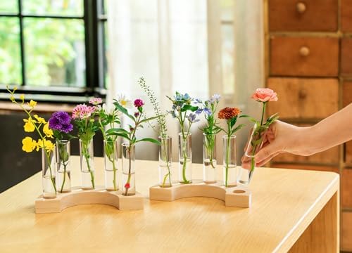 Melphoe Glass Bud Vases Small Flower Vase for Centerpieces Wedding Table Decorations, Home Decor, Propagation Station Plant Terrarium with Wooden Stand, Unique Plant Lover Gifts for Women (Beige) - Image 5