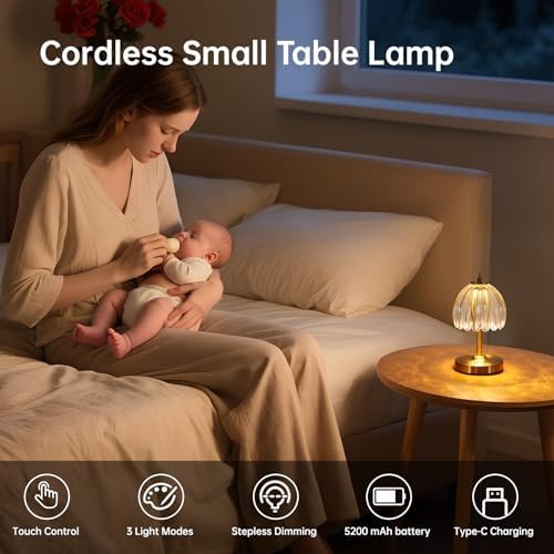 Shenmoyl Set of 2 Tulip Table Lamp with 5200mAh Battery & Touch Control, Cordless Small Table Lamp with 3 Colors, Rechargeable Battery Operated Table Lamps for Nightstand, Bedroom (Transparent Tulip) - Image 2