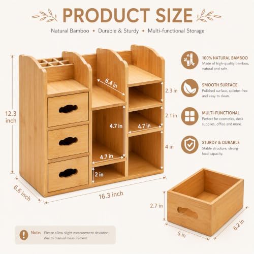 Coloch Bamboo Makeup Organizer with Drawers, Large Cosmetics Storage Shelf for Vanity Countertop Skincare Organizer for Desktop, Skincare, Beauty Supplies, Cosmetics Display, Stationery Storage - Image 2