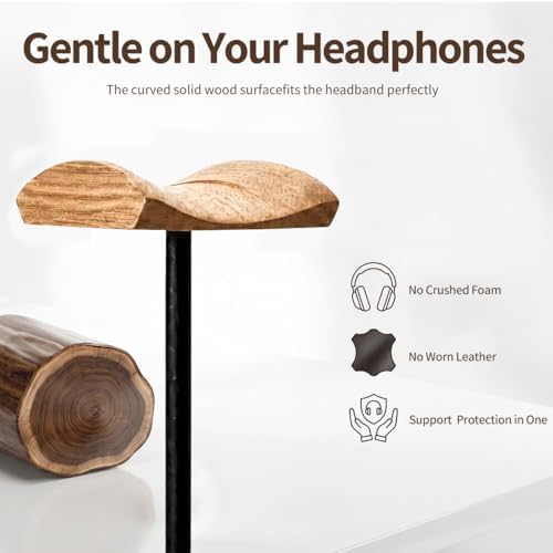 Headphone Stand Nature Wood & Metal Headset Hanger Mount Hook Gaming Holder Desktop Earphone Artful Functional Craftmanship Stand for All Headsets with Solid Wooden Base - Image 4
