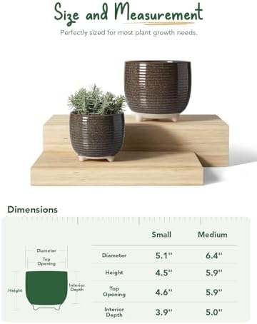 LE TAUCI Ceramic Plant Pots, 5.1 + 6.4 Inch Footed Pots for Plants, Modern Flower Pots for Home and Office, Indoor Planters with Drainage, Reactive Glaze Black - Image 4