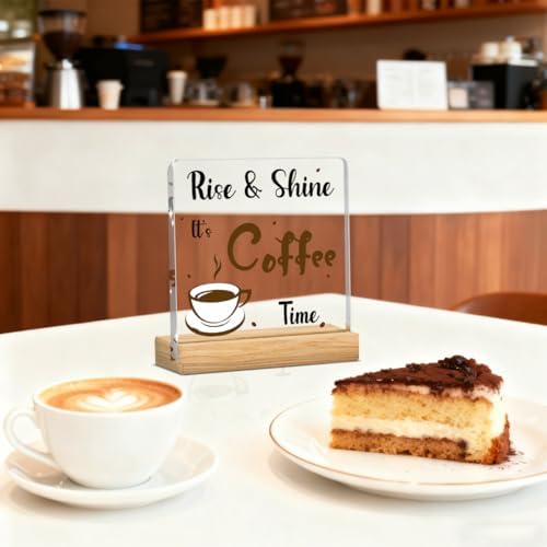 Coffee Bar Decor Sign, Coffees Nook Decoration, Cafe Station Accessories, Rise & Shine It's Coffee Time, Funny Acrylic Gift Wood Plaque with Stand Office Farmhouse Kitchen Decor 4"x4" - Image 3