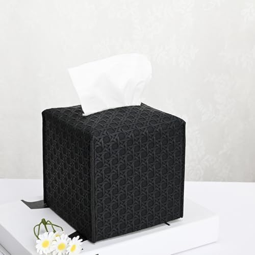 HOMOTEK 1 Pack Tissue Box Cover, Square PU Leather Tissue Holder, Decorative Facial Tissue Cube Paper Organizer Dispenser for Bathroom, Night Stands, Desk, Car 5X5X5'' - Rattan Weave, Black by HOMOTEK