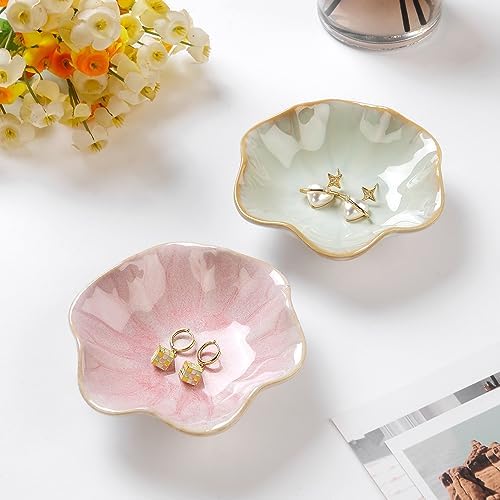 2PCS Lotus Leaf Shape Ring Holder Dish, Small Key Bowl, Ceramic Trinket Tray Jewelry Dish Organizing Necklace Earrings for Mom Friend Sister, All Jewelries Are NOT Included.Pink+Light Green.… - Image 2