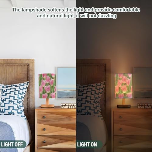 Pink Tulip Flower with Green Leaves Bedside Table Lamps with USB Port for Bedroom Lamp Accent Table Lamp Small Nightstand Lamp Sturdy Linen Shade Wooden Decorative Lamps for Kids|Reading|Dorm|Home - Image 3
