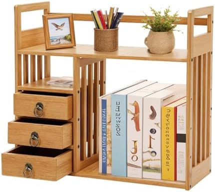 Bamboo Desktop Bookshelf desk organizer with 3 drawers Desktop Storage Shelf with Drawer Pulls Multifunctional Desk Caddy for Office Stationery Wooden Countertop Cabinet Office for Home School - Image 4
