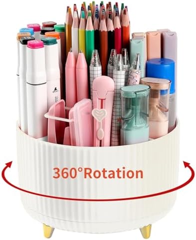 Desk Pencil Pen Holder, 5 Slots 360°Degree Rotating Pen Organizers for Desk, Desktop Storage Stationery Supplies Organizer, Cute Pencil Cup Pot for Office, School, Home, Art Supply, Beige by EDENMS