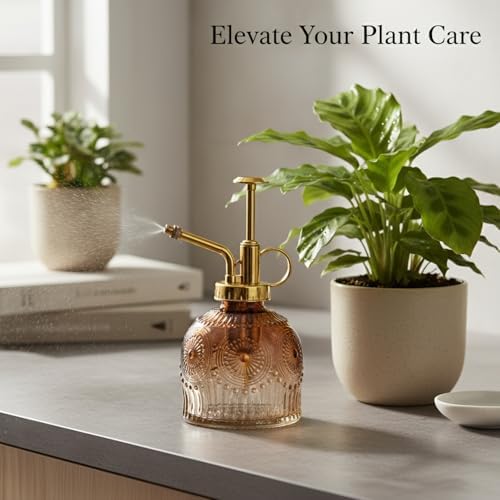 Vintage Embossed Glass Spray Bottle with Metal Pump, 10.6 oz Refillable Mister for Indoor Plants & Home Decor - Image 2