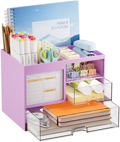 Marbrasse Desk Organizer with 3 Drawer, Multi-Functional Pencil Pen Holder, Desk Organizers and Accessories with 4 Compartments,Desktop Organizer Storage for Office Home Art Supplies (Purple) by Marbrasse