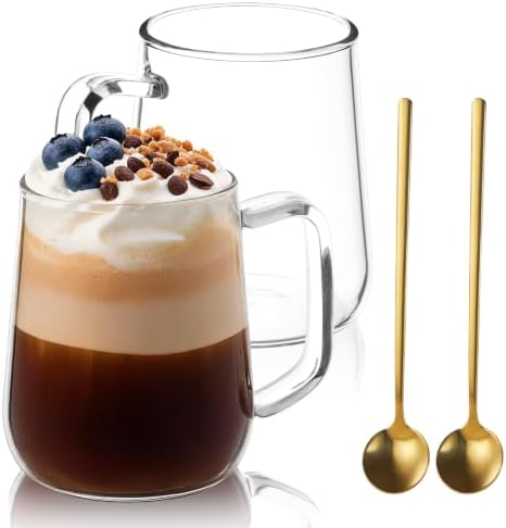 Large Glass Coffee Mugs with Spoons, 20 oz Glass Coffee Cups Set of 2, Clear Borosilicate Glass Mugs with Handles for Cappuccino, Tea, Latte, Hot/Cold Beverages, Wine, Americano by Unknown