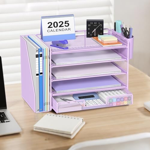 OPNICE Desk Organizer, 5-Tier Desktop File Organizer with Drawer and Pen Holders, Office Desk Accessories, File Sorters, Workspace Organizers for Office Supplies(Purple) - Image 2