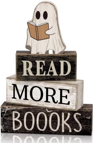 Moucuny 4 Pcs Halloween Table Decoration Wooden Ghost Reading Stacked Block by Moucuny
