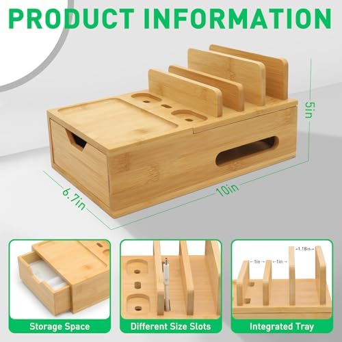 Bamboo Charging Station for Multiple Devices, Desktop Wood Charger Organizer with Drawer & Tray -Included 6 Cables, Compatible with Multi Devices, Cell Phone, Tablet, Earphones (No USB Charger) - Image 2