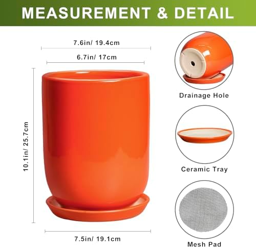 Ceramic Planter - 8 Inch Plant Pot with Drainage Hole and Saucer, Cylinder Round Modern Flower Pot for Indoor Outdoor Plants, Plant Lover Gifts, Garden Office Home Decor, Orange - Image 3