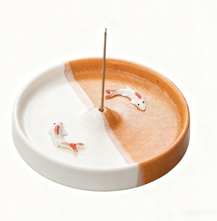 Incense Holder Modern Minimalist Circular Incense Stick Burner for Cones or Sticks for Yoga & Meditation, Enhance Atmosphere,Ceramic Ash Catcher Orange and White Banded Small Fish by Warmself