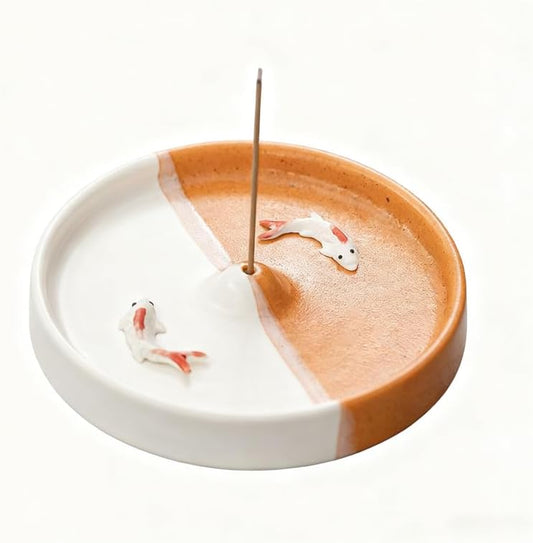 Incense Holder Modern Minimalist Circular Incense Stick Burner for Cones or Sticks for Yoga & Meditation, Enhance Atmosphere,Ceramic Ash Catcher Orange and White Banded Small Fish by Warmself