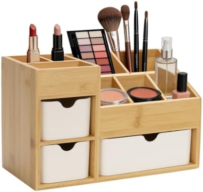 Bamboo Desktop Organizer with 3 Drawers, Drawer Tabletop Storage Organization Box for Home/Office, 3-Tier Makeup Vanity Organizer for Dresser Countertop, Detachable Divider by Sansnow