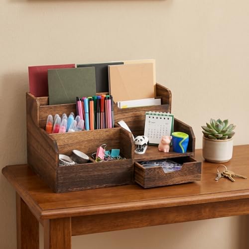 Pumtus Brown Wooden Desk Organizer, Mail Organizer with 7 Compartments and Drawer, Rustic Mail Sorter with Pen Holder, Tabletop Mail Basket, Office Accessories Holder for File Letter Document - Image 7