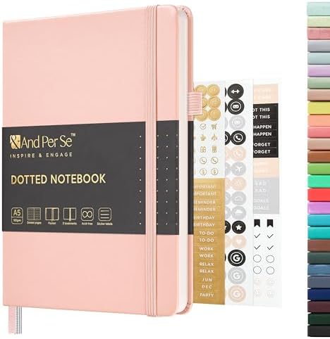 &And Per Se Dotted Journal Notebook, A5 Hardcover Leather Dotted Journal, 160 Pages 100gsm Thick Dot Grid Paper, 3 Sheets of Stickers Included - 5.7'' x 8'' (Pink) by AndPerSe