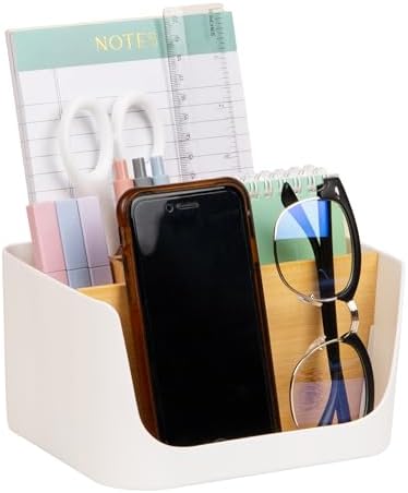 Mind Reader 5-Compartment Desktop Organizer, Adjustable Caddy, Plastic and Wood, White by MindReader