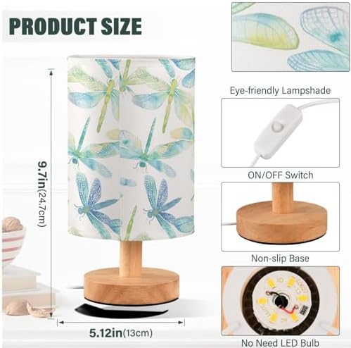 Teal Blue Green Dragonflies Table Lamp for Bedroom USB Port Lamps Small Accent Table Lamp Nightstand Lamp Study Linen Shade with Wooden Base, Decorative Lamps for Bedside Reading|Kids|Dorm|Home - Image 4