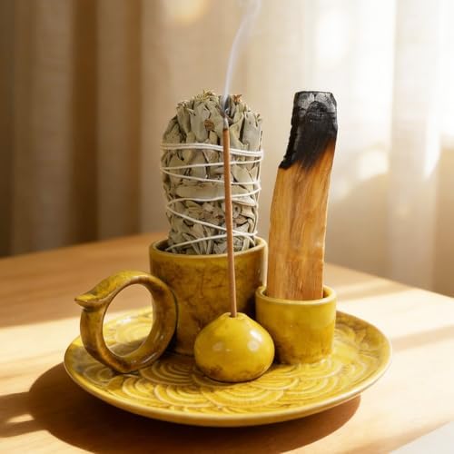 Tnstbiee 4 Inch 5-in-1 Yellow Ceramic Incense Holder,Multi-Use Smudge Tray by Tnstbiee