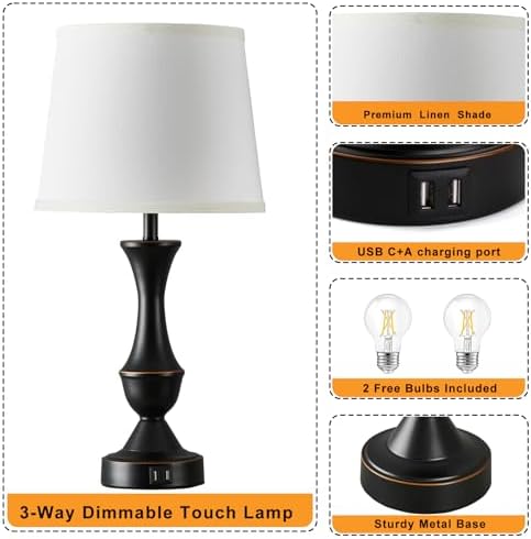 Touch Table Lamps Set of 2, 22" Tall Bedside Lamps with USB C+A Ports - Image 4