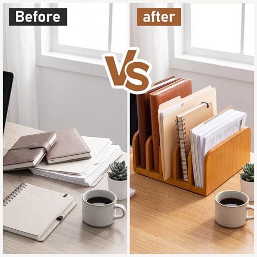 Lineshading Bamboo Letter Organizer, 5 Compartments Desk Mail Organizer, Desktop Envelope Holder and Letter Sorter, Countertop Paper File Holders with Anti Slip Mat for Home Office(Yellow) - Image 5