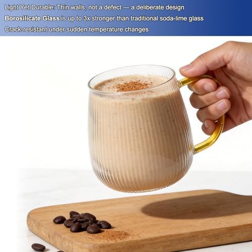 Greentainer Borosilicate Glass Coffee Mugs Set of 6, 20 oz Large Ribbed Drinking Water Glasses, Clear Tea Cups with Handle for Latte, Cappuccino, Hot/Cold Beverages, Dishwasher Safe Glassware - Image 4