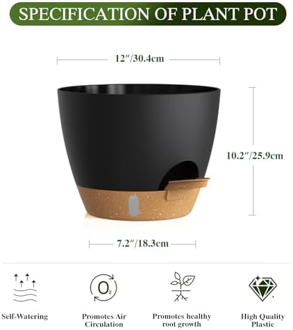 Plant Pots, 1 Pack 12 Inch Self Watering Pots with Drainage Holes, Water Level Indicator Deep Reservoir, Large Planters for Indoor Outdoor Plants - Black Brown - Image 2