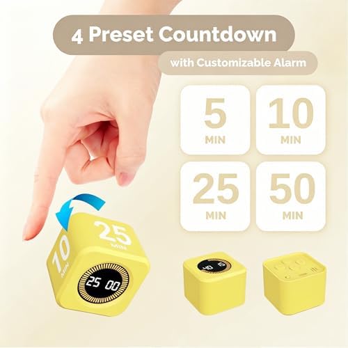 KADAMS Timer Pomodoro - Productivity Pomodoro Cube, 5/10/25/50 Min Countdown & Countup, Silent – for Work Study Workout Kitchen School Classroom Office ADHD Gift Kids (1, Yellow) - Image 2