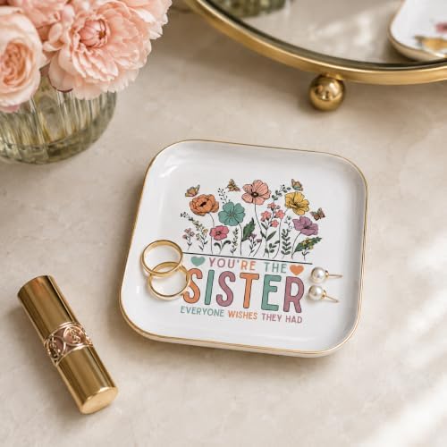 Sister Birthday Gifts for Women Christmas, Ceramic Wildflowers Jewelry Dish - Image 4