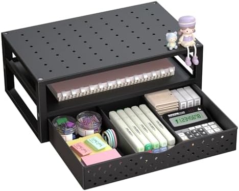 WALI Desk Organizer with Drawer，Computer Monitor Stand with Storage, Desk Organizers and Accessories for Computer, Printer, Laptop Riser for Home Office Supplies, (PTT005-B), 1 Pack, Black by WALI