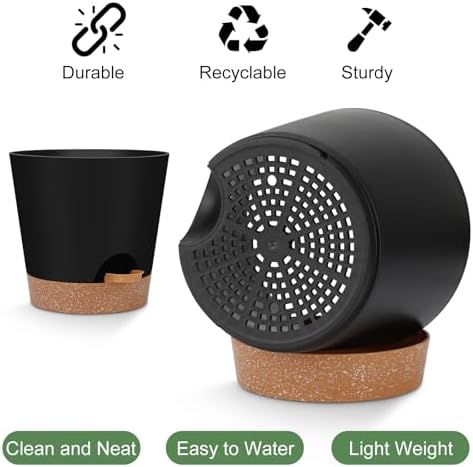 YNNICO Indoor Self Watering Planters with Drainage Holes and Saucers, 8, 7, 6.5, 6, 5.5, 5 Inches, Black, 6 Pots (Pack of 2) - Image 3