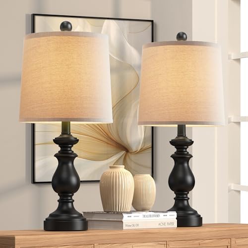PARTPHONER Traditional Table Lamp Set of 2, Rustic Farmhouse Table Lamps for Living Room Bedroom, 22" Bedside Desk Lamps Vintage Nightstand Lamps with Linen Shades, Black by PARTPHONER