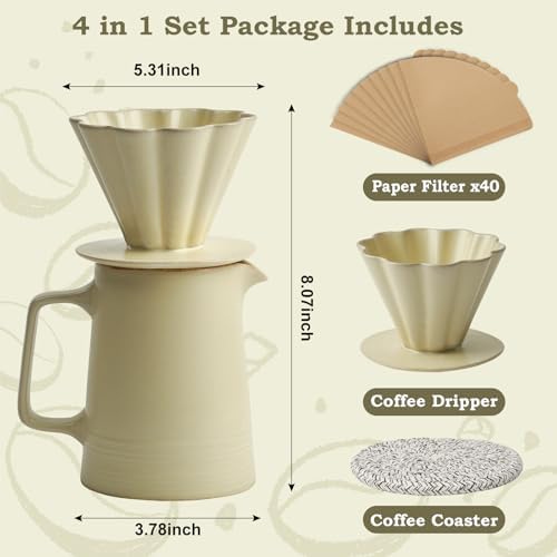 Pour Over Coffee Maker, Ceramic Coffee Dripper with 40pcs V02 Paper Filter & Coaster, 18.2oz/540ml Flower Shape Pour Over Coffee Filter set (Celadon Set) - Image 3