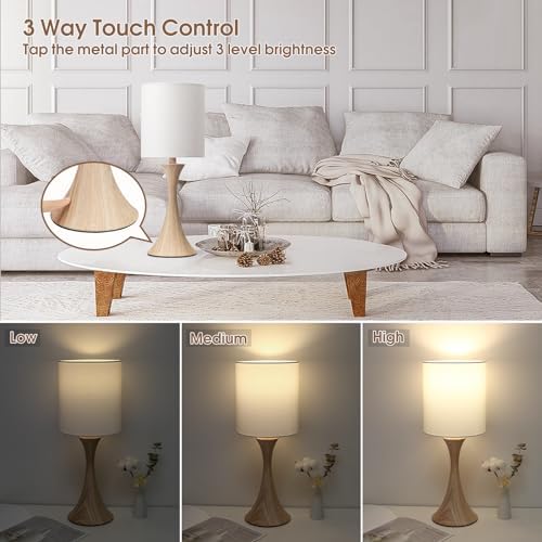 Dimmable Wood Grain Metal Table Lamp, 3 Way Touch Lamp with White Shade - Image 3