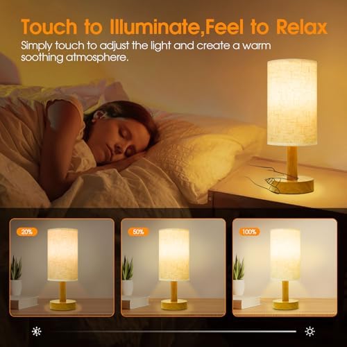 Small Cordless Touch Bedside Table Lamps Set of 2,Minimalist Dimmable Battery-Powered Desk Lamps with Round Fabric Linen Shade,Mini Nightstand Warm Night Lights for Bedroom,Home,Living Room,Office - Image 2